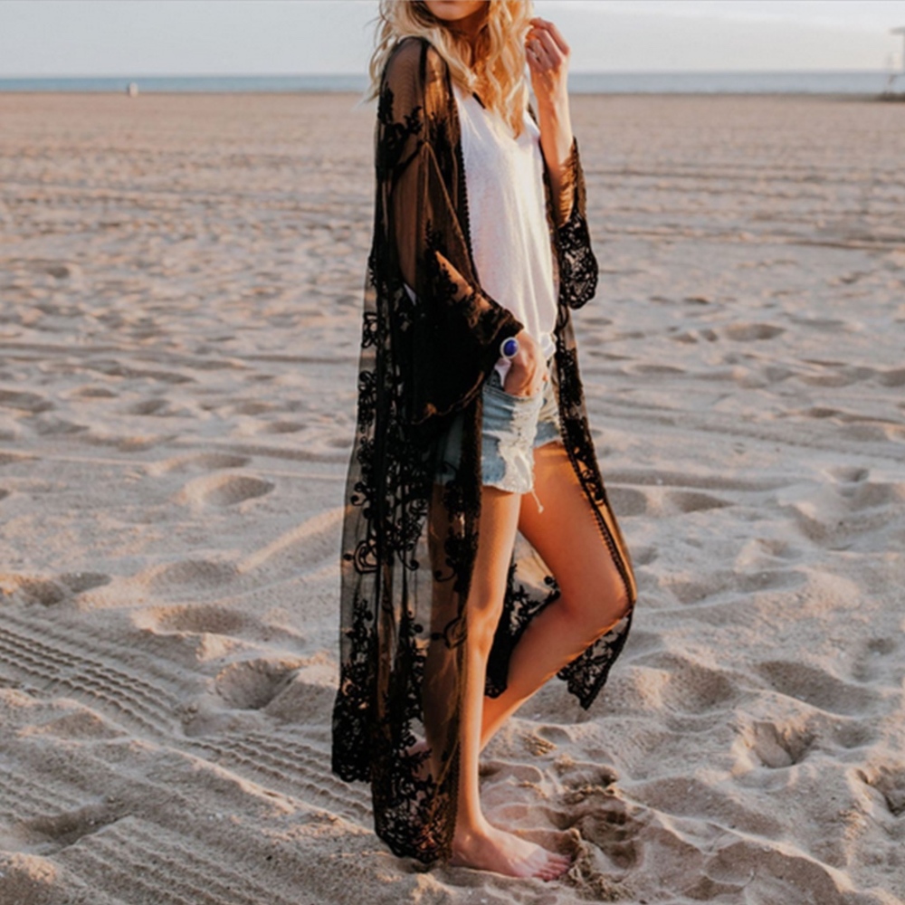 Boho Lace Embroidery Mesh Beach Coverup Cardigan - Picture 4 of 12